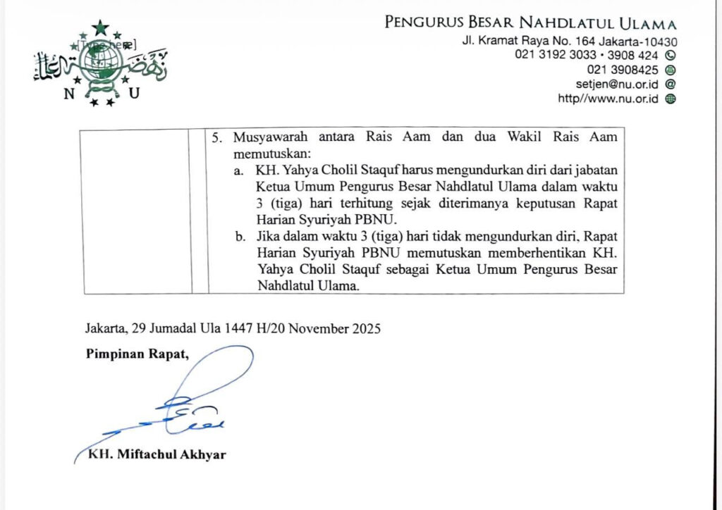Tangkapan layar Surat Keputusan Rois Syuriah PBNU. - Istimewa